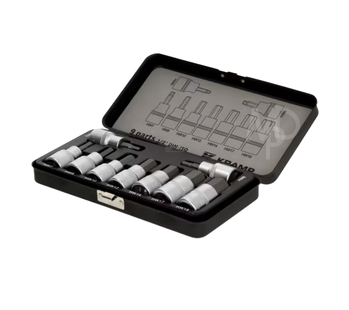 1/2" hex bit sockets: 5, 6, 7, 8, 10, 12, 14, 17, 19mm