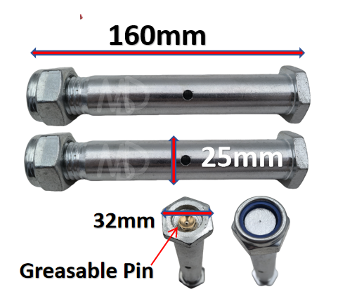 Mini Digger Bucket Pins 25mm 32mm Hex Head Greasable (Set of 2)